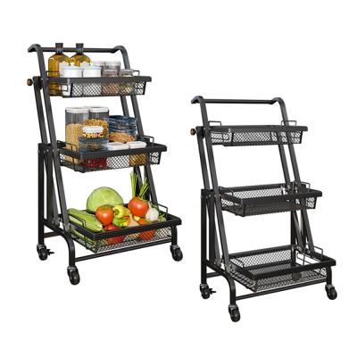 China Multifunctional Newly Designed Floor-Holding Mobile Foldable Utility Metal Rolling Kitchen Carts 3-Layer Folding Cart Rack for sale