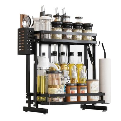 China Amazon selingl stainless steel design new hot 201 multifunctional 2 layer metal spice rack kitchen storage organizer kitchen supplies for sale