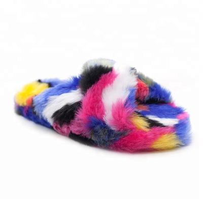 China Breathable Wholesales Free Sample Fashion Multi Color Women Faux Fur Ladies Slippers Indoor Home Use Soft Toe House Slippers Warm for sale