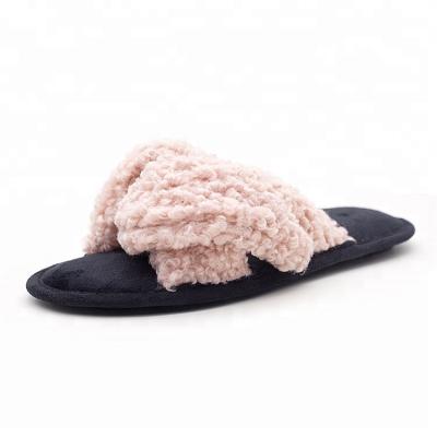 China Popular Teddy Fur Ladies Lace Teddy Fur Cross Band Indoor Slippers for sale