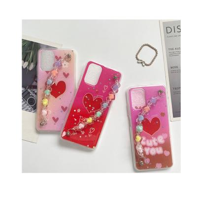 China Autumn Red Heart Anti Sport 3d Heart Pattern Wrist Strap Phone Case UV Print Shockproof Acrylic Back For Samsung A22 for sale