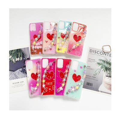 China Shockproof Acrylic Back Print Anti Fall Red Heart Phone Case For iPhone 13 Case With Hand Chain Strap for sale