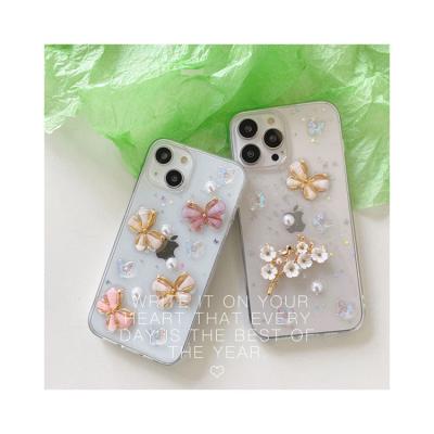 China Shockproof Glitter Flower Transparent Epoxy Butterfly Embossed 3d Luxury Rose Flower Phone Case For Red Iphone for sale