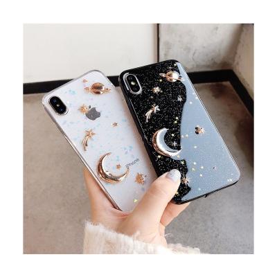 China Shockproof Price Bling Gold Foil Girl Moon Black Phone And Stars Case Transparent Phone Case For Iphone 13 for sale