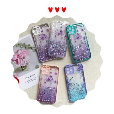 China Fashionable Purple Flower Glitter Shockproof Luxury Epoxy Translucent Cover Phone Case For iphone13 max pro case for sale