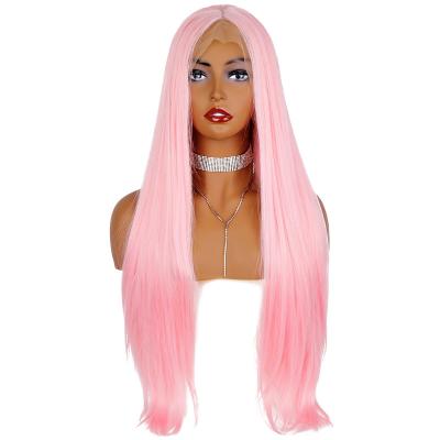 China Soft Silky Straight Pink Lace Wig 28inch Synthetic Hair Straight Wave Cosplay High Quality Halloween For Lady Front Lace Wig for sale