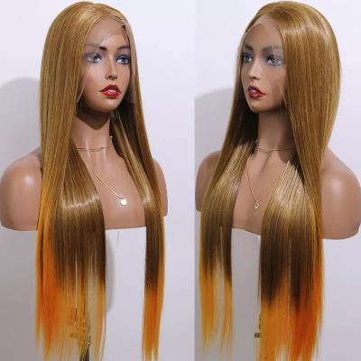 China Premium Long Straight Synthetic Ombre Wig With Transparent Afro Lace Front For Woman Fiber Straight Hair Light Brown Suppliers for sale