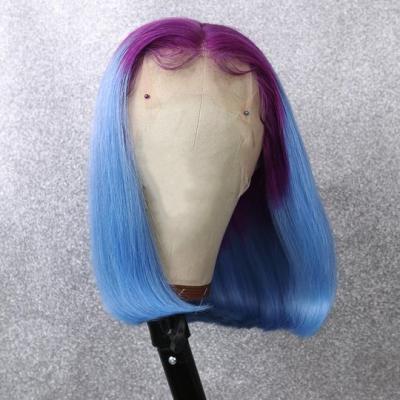 China Short Bob Lace Wig Straight Blue Remy Human Hair Purple Ombre Colored Lace Front Wig Pre Plucked Hairline With Baby Hair for sale