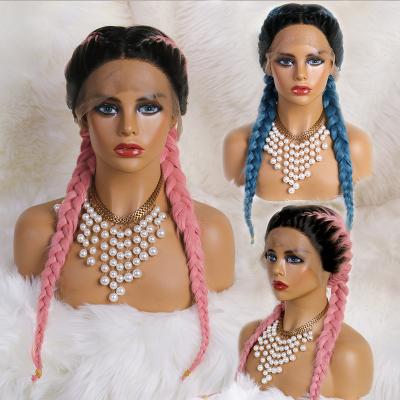 China Amazon Hot Sale Lace Front Wigs Black Roots Double Braid Hair Wig Straight Pink Braided Synthetic Heat Resistant Wig Halloween Cosplay for sale