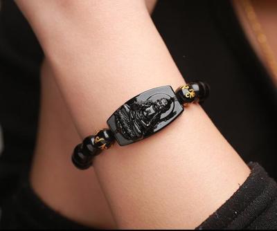 China Popular Wholesale Natural Obsidian Carving Eight Patron Saint Lucky Amulet 10mm Round Bead Bracelet For Women Men Bracelet for sale