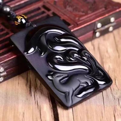 China India Jewelry Fine Pure Natural Obsidian Nine Tails Fox Necklace Super Frosted Polishing Pendant for sale