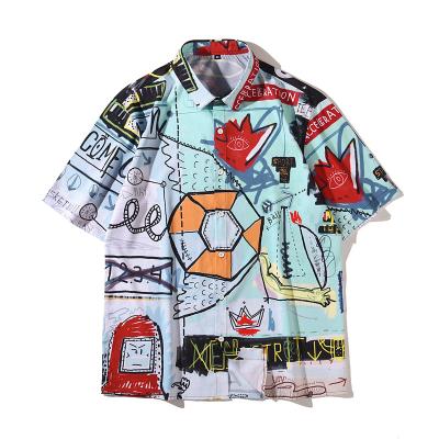 China Crazy shirts clark anti-pilling summer personality graffiti short-sleeved shirt youth cardigan loose lapel tops little for sale