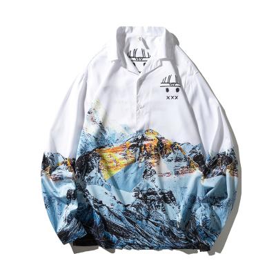 China New Digital printing snow mountain cardigan men's shirt spring popular logo long sleeve loose anti-pilling men's shirt men for sale