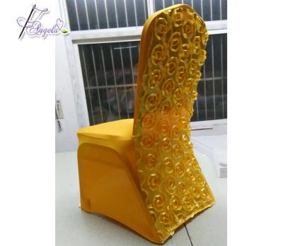 China Plain Satin Rose Spandex Rosette Chair Covers Gold Color For Banquet Chairs Decoration for sale