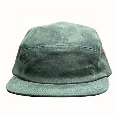 China COMMON High Quality Unstructured Wet Waxed Canvas 5 Panel Hat Leather Strap 5 Panel Camp Hat for sale