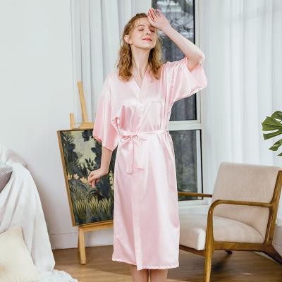 China Latest Autumn Bride Home Wear Women Breathable Silk Pajamas Loose Nighedress Bathrobe Solid Color Summer for sale