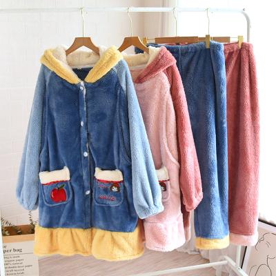 China New Design Round Collar Flannel Women Long Sleeve Warm Thickened Cute Pajamas Breathable Two-Piece Pants Sets for sale