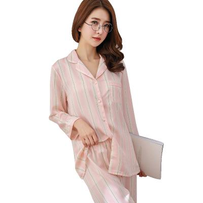 China Autumn New Satin Chiffon Striped Pajamas Women's Long Sleeve QUICK DRY Cardigan Home Service Suit for sale