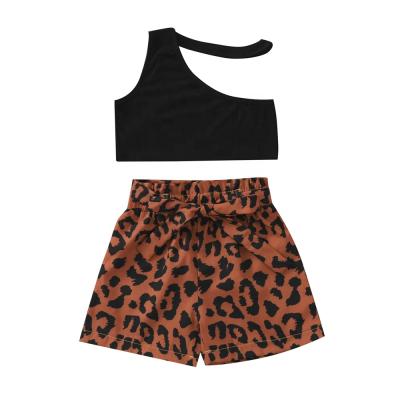 China 2022 Girls Summer Casual Black One Shoulder Sweater Bow Leopard Sleeveless Copy One Shorts Kids Loungewear 2pcs for sale