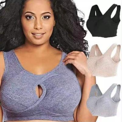 China Breathable Solid Soft Skin Friendly Cotton Full Support Cross Wire Free Plus Size Sports Bra For Womens for sale