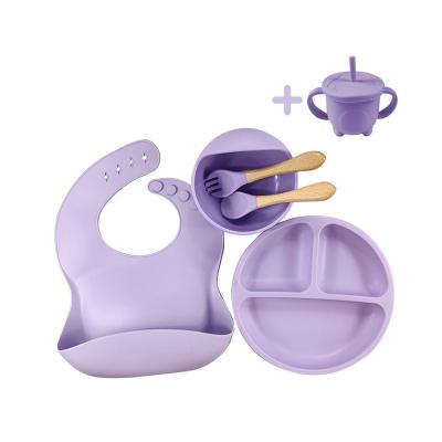 China BPA Free Food Grade Feeding Set Include Bib Dish Silicone Baby Bowl And Wooden Handle Spoon Kid Baby Dinner Set Silicon For Baby Eating Set for sale