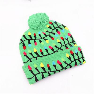 China Custom Kintted Logo Pompom Plush Christmas Knitted Hat with LED Light Christmas Party Glitter Light Hat for sale