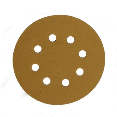 China Sharpness 100pcs/box 125mm 8 Holes Gold Aluminum Oxide Hook and Loop Disc Sanding Sandpaper for Car Grinding for sale