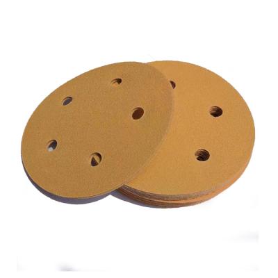 China Sharpness 100ps/box 5inch 5 Holes Gold Coated Aluminum Oxide Abrasive Sand Paper Sanding Disc For Automotive Industry for sale