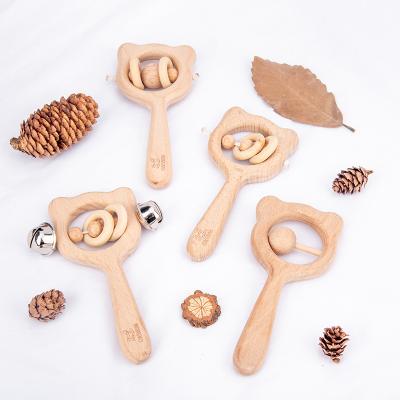 China Baby Wooden Rattle Toy Wooden Infant Animal Beech Teethers Sensory Safe Teeth Chewing Toy Hand Bell Rattle Montessori Toy for sale