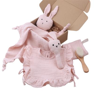 China Cotton Baby Newborn Gift Set Cotton Baby Toys Soft Baby Blanket, Bib Pink Gift Set for sale