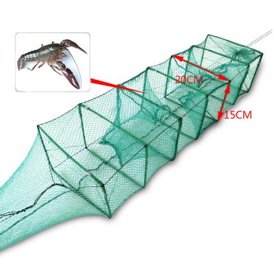 China Professional Fishing PE Bait Folding Net Trap Shrimp Fish Lobster Catching Long Train for sale