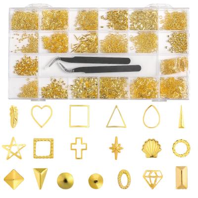 China Finger Nail Beauty 21 Grids / Set Gold Series Multi Shaped Mental Nail Art Decoration Mental Nail Decoration Set With Tweezers for sale