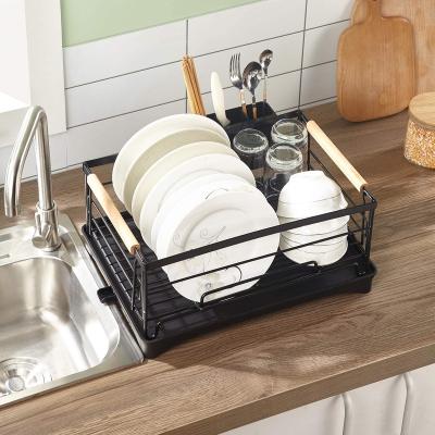 China Sustainable Hot Sales Kitchen Dish Drying Rack Stainless Steel Dish Drying Basket With Wooden Handle for sale