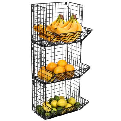 China Metal Folding Wire Mesh Basket Foldable Organizer Wall Mounted Kitchen Fruit Vegetable Storage Hanging Basket for sale