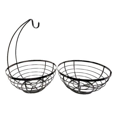 China Multifunctional Fruit Basket Metal Wire Fruit Basket Sustainable Black Banana Hanger 2 Tier Fruit Basket With Banana Hook for sale