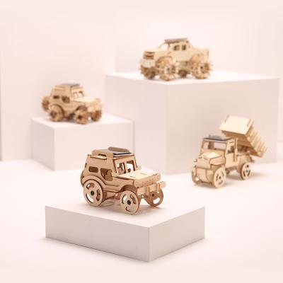 China Wooden Solar Powered Moving Wooden Car Puzzle Self Assemble Wooden 3d Toy for sale