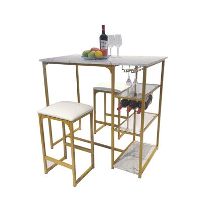 China Hot Sale Universal Faux Marble 3 Pcs Bar Dining Table Kitchen Breakfast Table Sets With Storage Shelf for sale