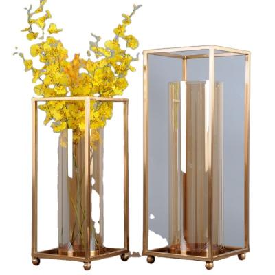 China Europe rectangle gold metal wedding flower vase, flower stand for wedding table centerpieces for sale