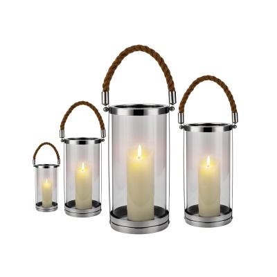 China Stainless Steel Candle Holder Classic / Home Decoration / Elegant Candle Holder Wedding Round Stainless Steel Indoor Decorative Silver Lantern With PU Handle for sale