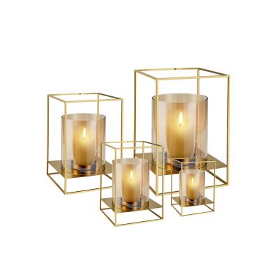 China Stainless Steel Candle Holder/Home Decoration/Square Gold Plating Metal Candle Lantern Candlestick Holder 4 Wedding Candle Holder Sets for Home and Wedding for sale