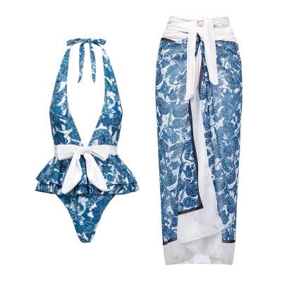 China 2022 Fabric Women Swimwear Antibacterial Custom V-Neckline 2 Pieces Sarongs Set Factory Accept Private Label Logo Print Floral Swimsuit OEM for sale