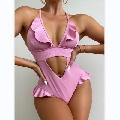 China UNISWIM 2022 Hot Sexy Pink Breathable Women Ruffle Tying Swimsuit Solid Color One Piece Hollow Out Backless Swimwear Beach Wear OEM ODM for sale