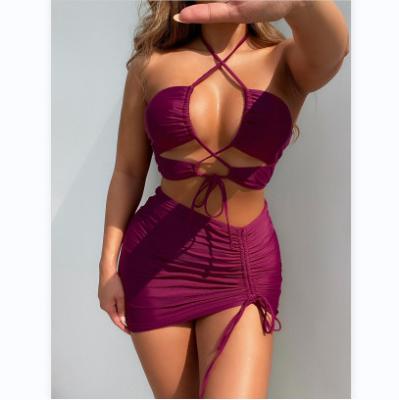 China 2022 UNISWIM Breathable Halter Neck Swimsuit 3pcs Bikini Sets Swimwear Solid Color Hollow Out Hot Sexy Beach Wear Women Fashion Style ODM for sale