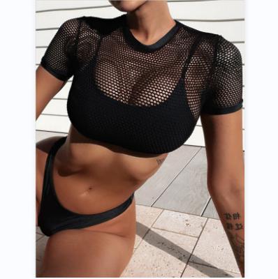 China UNISWIM 2022 Summer 3pcs Breathable Bikini Sets Mesh Top Women Fashion Beachwear Swimwear Hot Sexy Black Swimwear ODM for sale