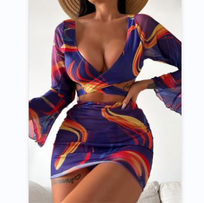 China UNISWIM Breathable 2022 Hot Sexy Long Sleeve 3pcs Sets Swimwear Women Fashion Style Swimsuit Cover Up V Neck Beach Wear Purple Backless ODM for sale