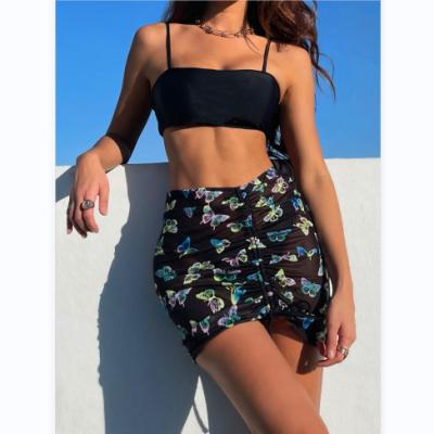 China UNISWIM 2022 Breathable Women 3 Piece Bikini Set Solid Color Swimwear Cover Up Butterfly Print Swimsuit Cut Beachwear Hot Sexy ODM OEM OEM Top for sale