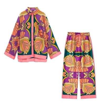 China UNISWIM Anti-Static 2022 Vintage Print Loungewear Long Sleeve Shirt And Long Pants Outfits Matching Set For Women Fashion Loungewear ODM for sale