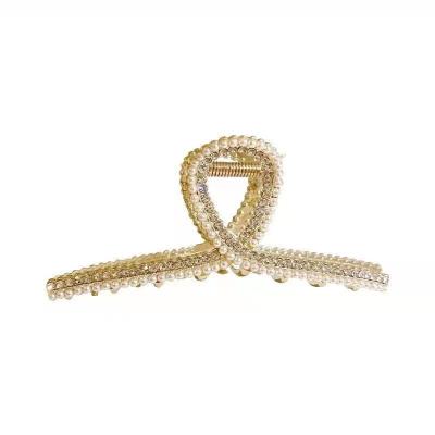 China Luxury High Quality Thick Hair Holder Rhinestone Beads Geopmetric Large Metal Square Gold Claw Hair Clip Zinc Alloy Strong Hair Claw for sale