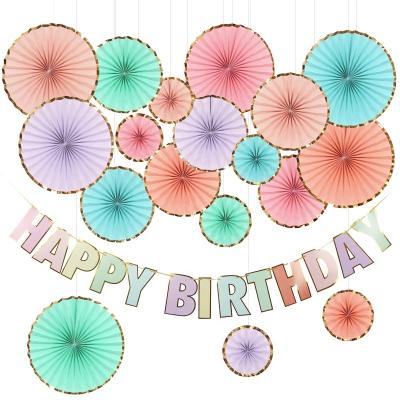 China 2021 Happy Birthday Decoration PAPER Good Quality Birthday Party Supplies Easttern Paper Fan and Happy Birthday Banner Set with Gold Foil Edge for sale