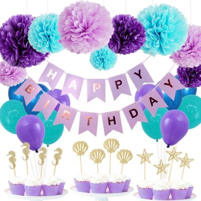 China Funny Kid Party Supplies Balloons High Quality Pompom Flowers Mermaid Kit For Girl's Birthday Party Decoration With Cupcake Toppers for sale